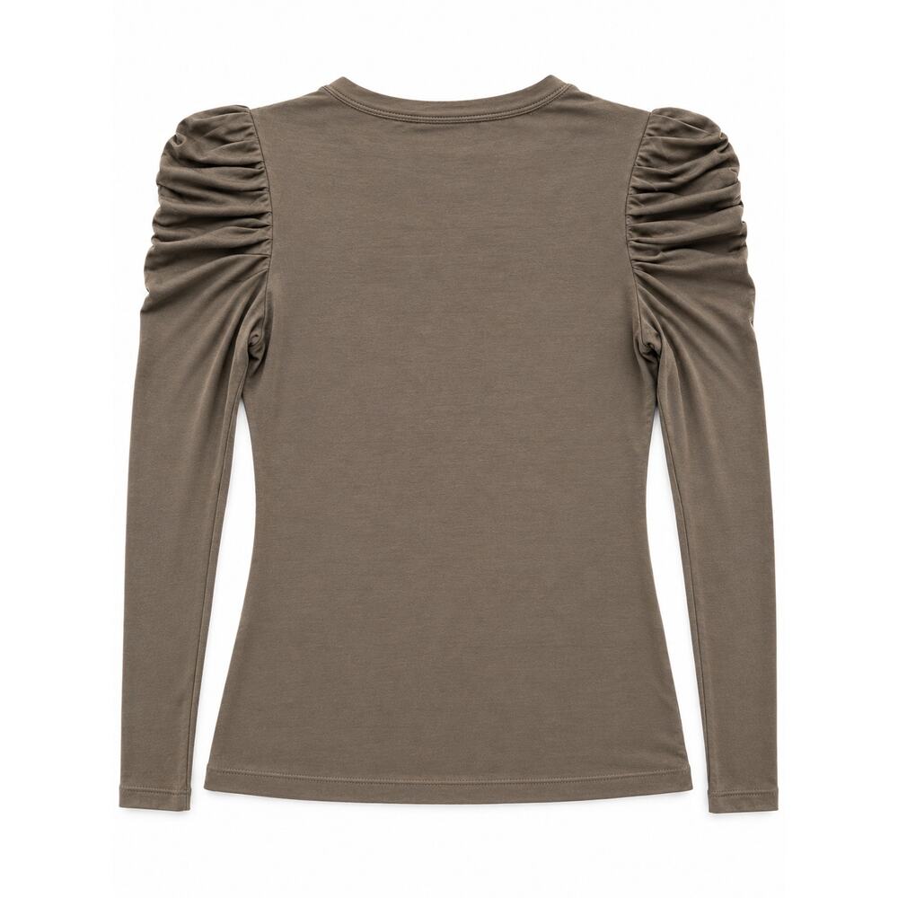 Carmen Marc Valvo Women's XS Taupe Ruched Puff Sleeve Long Sleeve Top - Picture 2 of 3